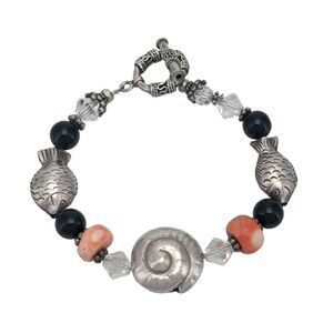 Vintage Sterling Silver 925 Nautical Fish Shell Beaded Charm Bracelet 7.5"